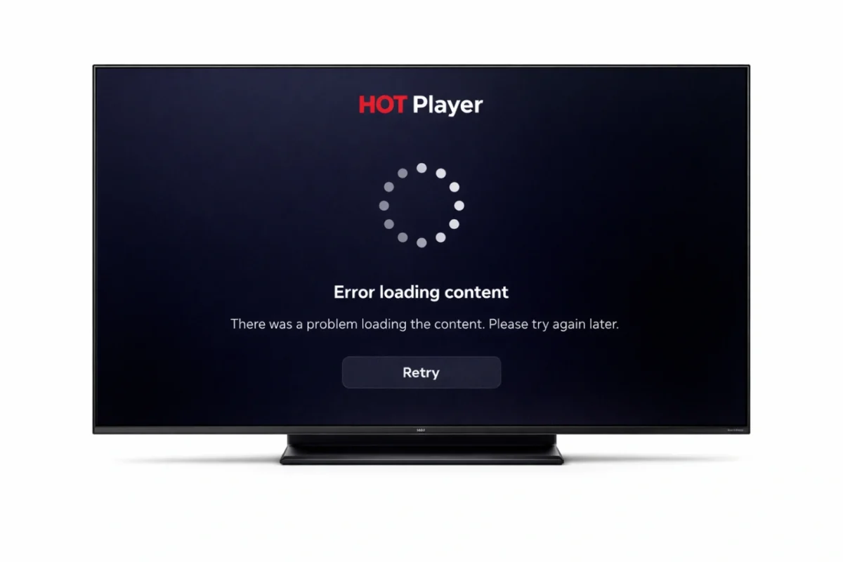 Télévision moderne affichant un lecteur multimédia HOT Player avec icône de chargement et message d’erreur