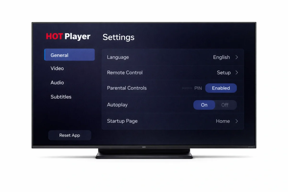 Écran moderne affichant les paramètres de configuration d’un lecteur multimédia HOT Player