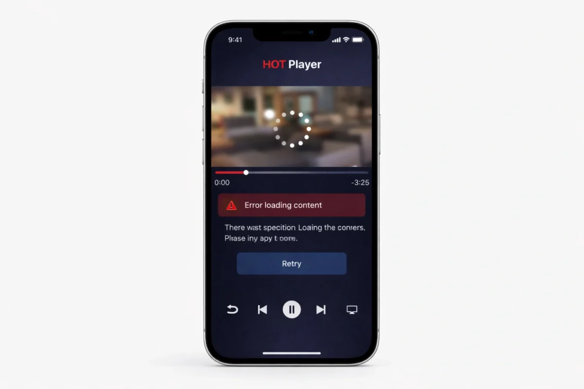 iPhone moderne affichant une interface de lecteur multimédia HOT Player sur un fond épuré
