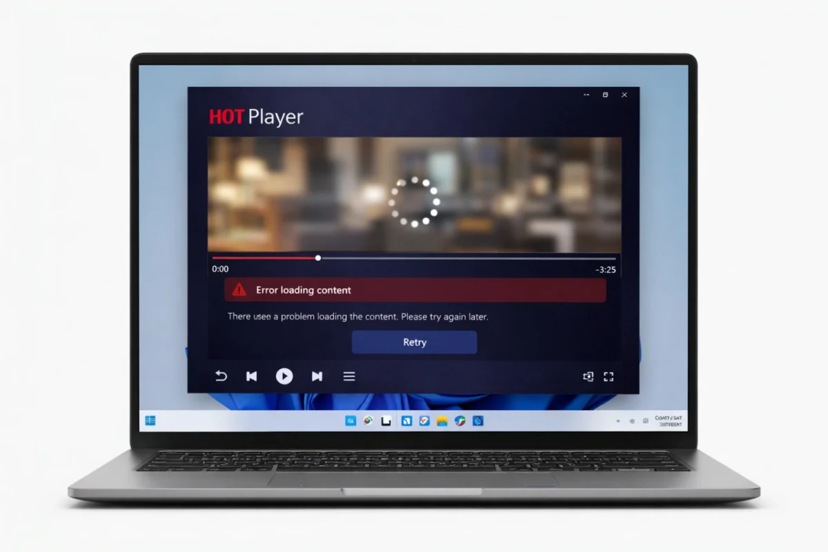 Ordinateur Windows affichant une interface de lecteur multimédia HOT Player sur un bureau épuré