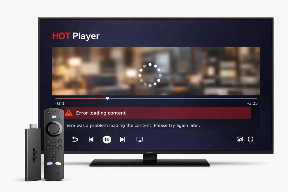 Amazon Fire TV Stick connecté à une télévision affichant une interface de lecteur multimédia HOT Player