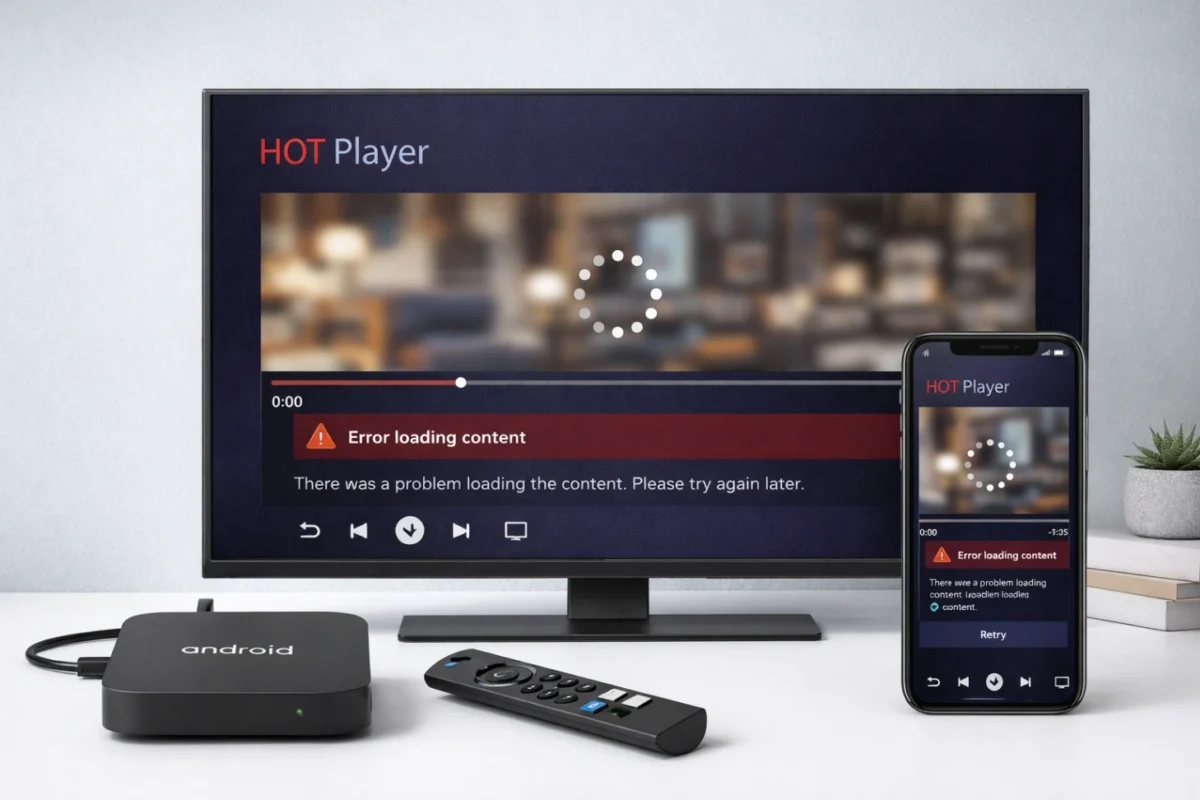Box Android TV et smartphone affichant une interface de lecteur multimédia HOT Player sur un bureau moderne
