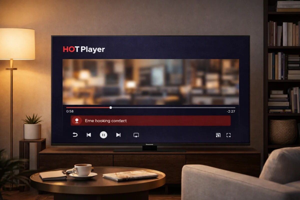 Téléviseur moderne affichant une interface de lecteur multimédia HOT Player dans un salon élégant